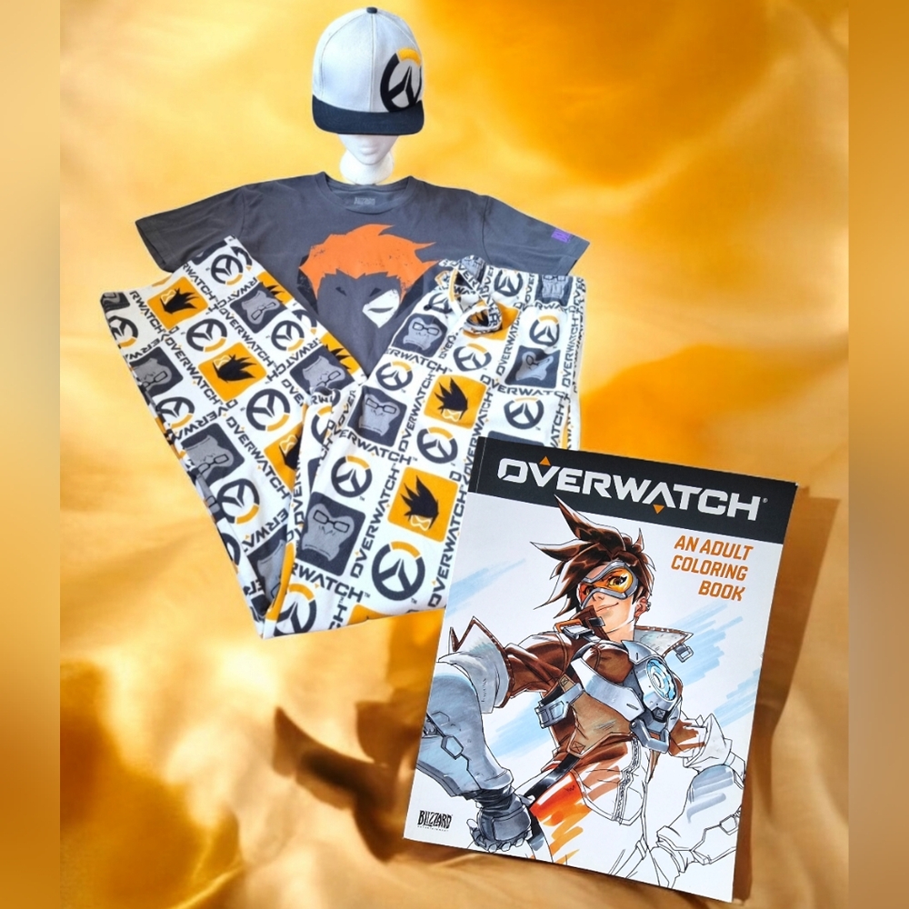 Overwatch Bundle ~ Lounge Pants~ Snapback Hat ~T-Shirt & Adult Coloring Book